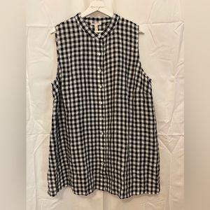 Eileen Fisher Woman Sz 1X Black Ivory Gingham Sleeveless Button A-Line Tunic Top